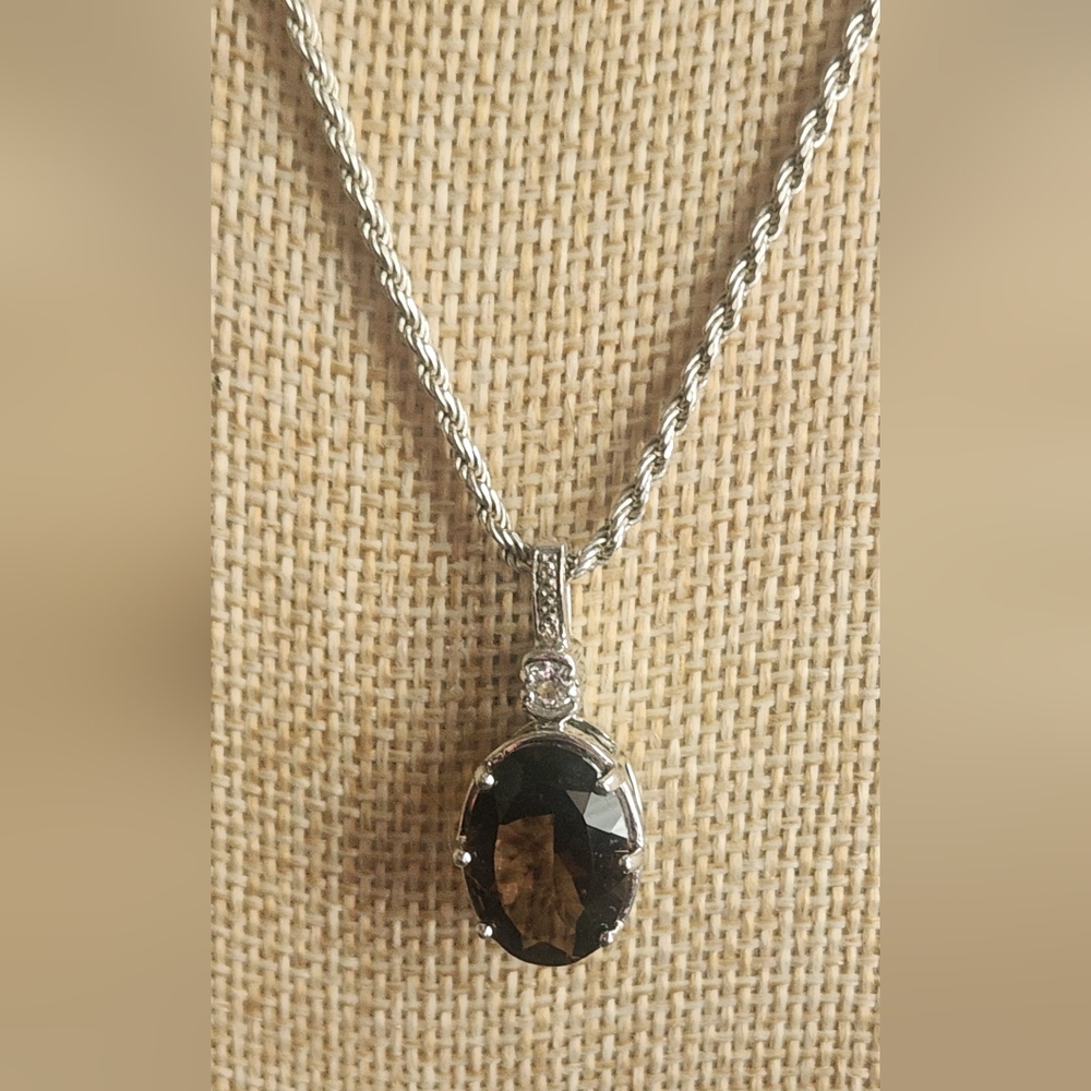 Elegant  Sterling Silver Smokey Quartz Pendant Necklace Rope Chain